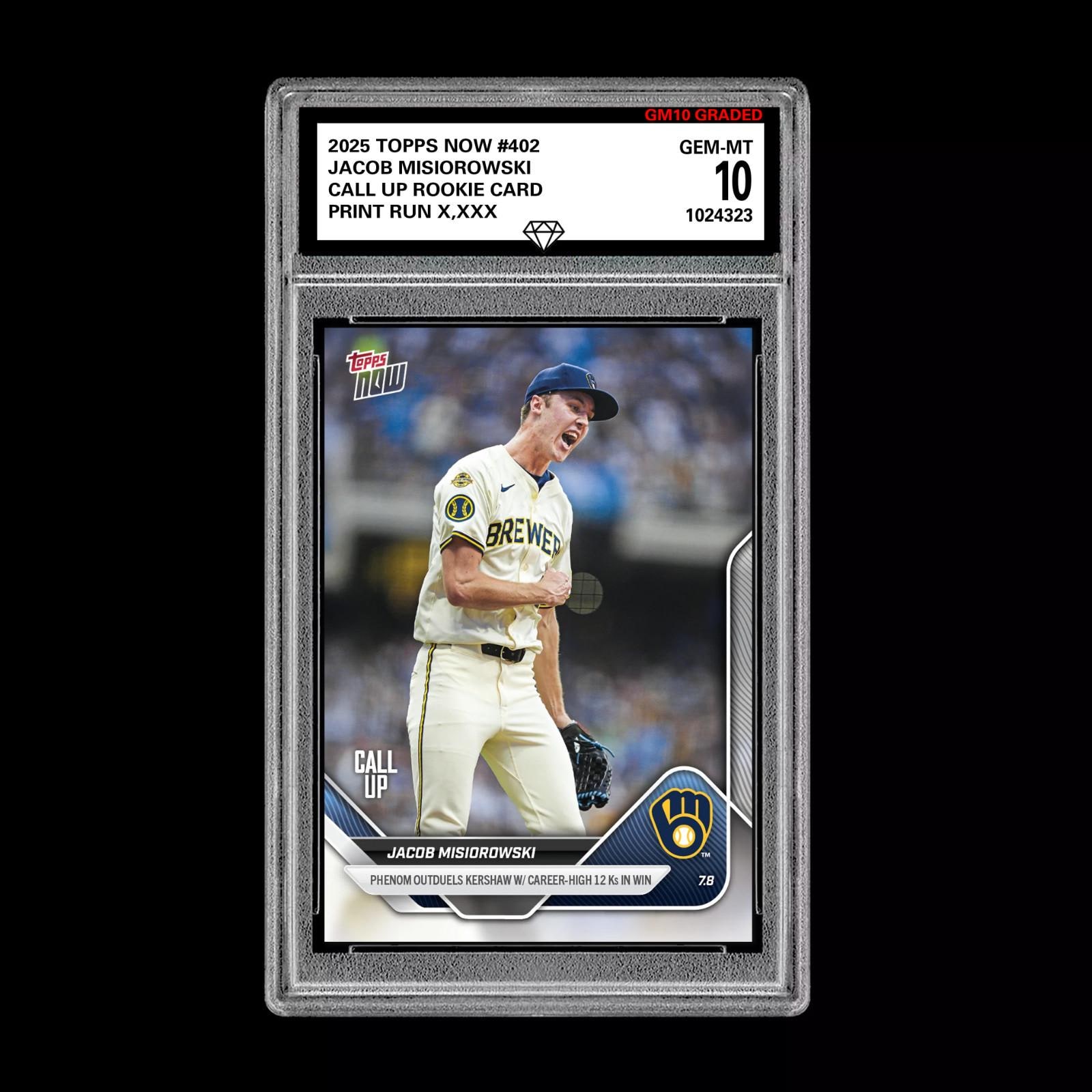 Graded 10 Jacob Misiorowski - 2025 TOPPS NOW 402 RC Rookie Call up 