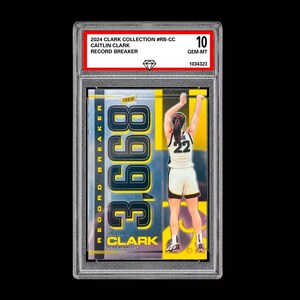 May include: A Caitlin Clark basketball card from the 2024 Clark Collection, graded 10 GEM-MT. The card features a player in a white and black uniform, number 22, mid-shot. The card reads "RECORD BREAKER" and "3,668".