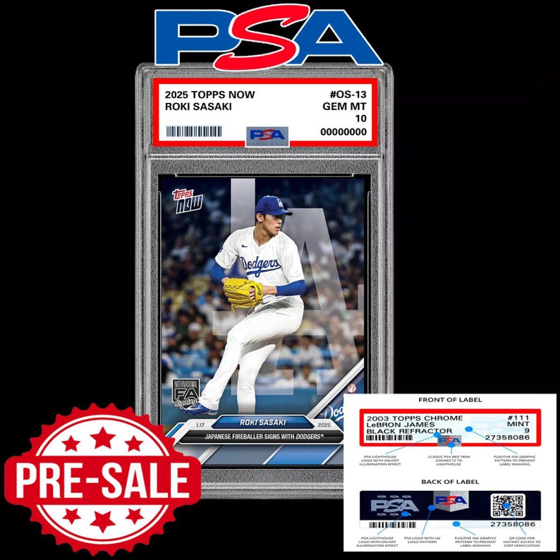 Psa 10 Roki Sasaki 2025 Mlb Topps Now Os-13 La Prized Dodgers Fa Voorverkoop afbeelding 1