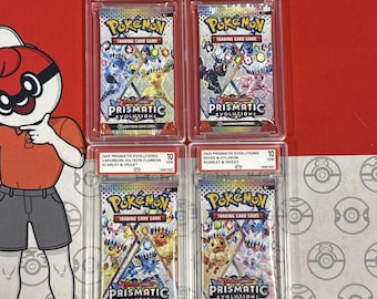 Juego de cuatro sobres de refuerzo sellados de Prismatic Evolutions 2025 con calificación 10 (Arte Completo)