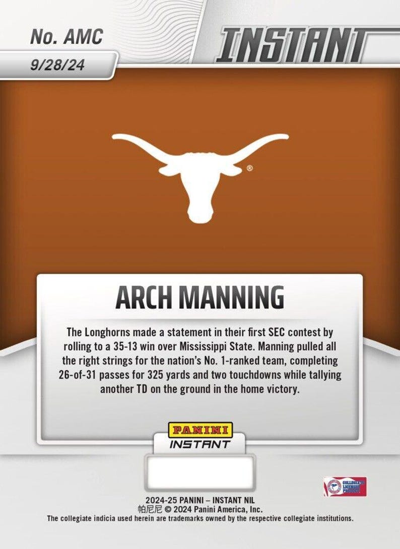 Graded 10 Arch Manning Rc 2024-25 Panini Instant Nil Ncaa Amc Texas Rookie Karte Bild 4