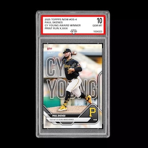 May include: A baseball card featuring Paul Skenes, the Cy Young Award winner. The card is graded 10 GEM-MT and encased in a protective holder. The card has the text "CY YOUNG" in large letters. The card is from the 2025 Topps Now series.