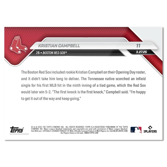 Graded 10 Kristian Campbell RC Rookie Red Sox Debut 2025 Topps NOW