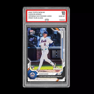 May include: A baseball card encased in a protective holder. The card features a player in a Mets uniform, with the text "2026 TOPPS NOW #3 CARSON BENGE OPENING DAY ROOKIE CARD". The card is graded 10 GEM-MT.