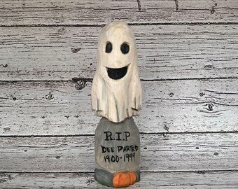 Hand Carved Halloween Ghost and Tombstone Decoration