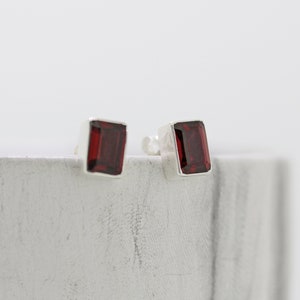 Garnet Studs / Sterling Silver Rectangle Garnet Studs / Garnet Earrings / January Birthstone / Red Stone Studs / Small Faceted Stud Earring