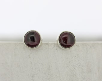 6mm Circle Garnet Studs / Sterling Silver Round Garnet Studs / Garnet Earrings / January Birthstone / Red Stone Studs / Small Stud Earrings