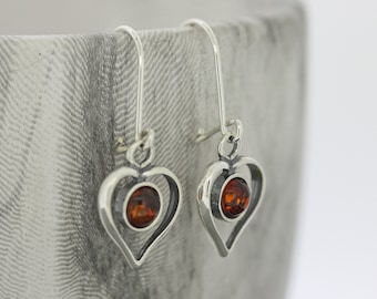 Heart Cognac Amber Earrings / Simple Earrings / Drop Earrings / Orange Amber Earrings / Baltic Amber / Safety Catch / Sterling Silver