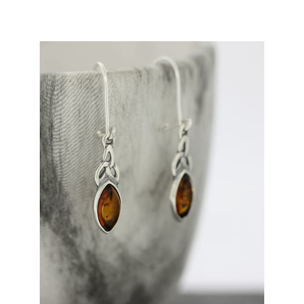 Celtic Style Eye shaped Cognac Amber Earrings / Simple  Drop Earrings / Orange marquise Shaped Amber / Baltic Amber / Safety Catch /  Silver