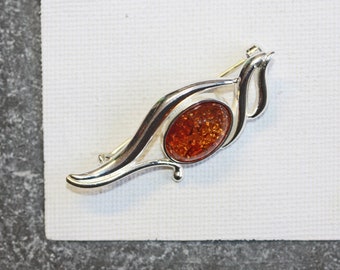 Cognac Amber Waves Brooch / Baltic Amber Brooch with Pin Catch / Sterling Silver Oval Amber Brooch/ Cognac Amber Brooch / Art Nouveau Brooch