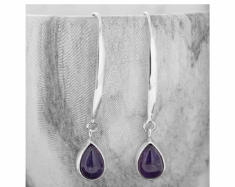Long Teardrop Amethyst Earrings / Amethyst Cabochon / Natural Stone / Sterling Silver / February Birthstone / Purple Stone / Long purple