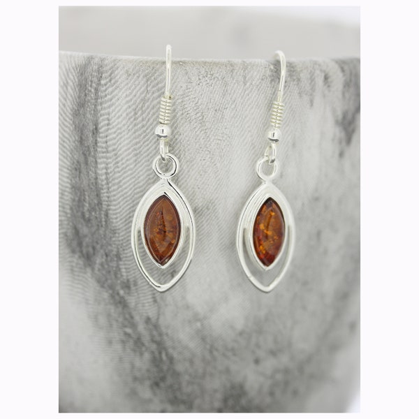 Eye shaped Cognac Amber Earrings / Simple Earrings / Drop Earrings / Orange marquise Shaped Amber / Baltic Amber / Safety Catch /  Silver
