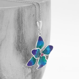 Enamel Flower Pendant: Sterling Silver Necklace with Ruby Stone