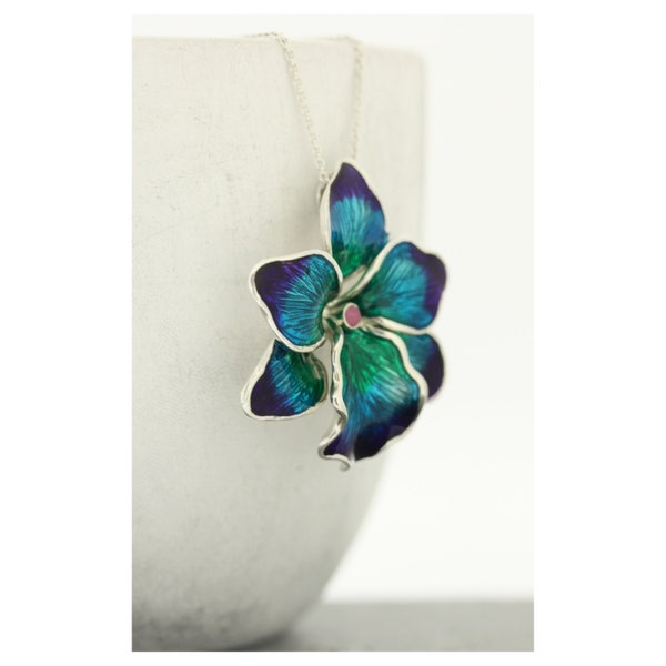 Enamel Flower Pendant / Sterling Silver / Ruby Stone / Blue Flower Necklace / Enamel Jewellery / Large Flower Pendant