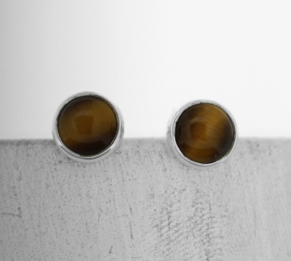 Boucles D'oreilles Puces En Argent 925/000 - Pierre œil De Tigre 6 Mm - Rhodié