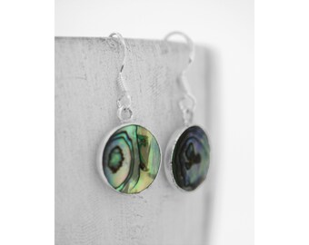 Round Abalone Shell Earrings, Sterling Silver Paua Shell Drop Earring
