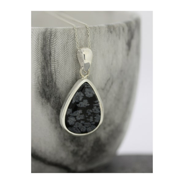 Snowflake Obsidian Pendant / Teardrop Pendant/ Sterling Silver Trace / Black and Grey Stone / Lava Stone / Natural Stone / Monochrome / snow