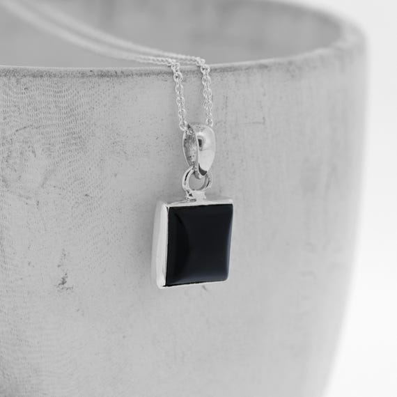 Square Black Onyx Pendant: Sterling Silver Necklace