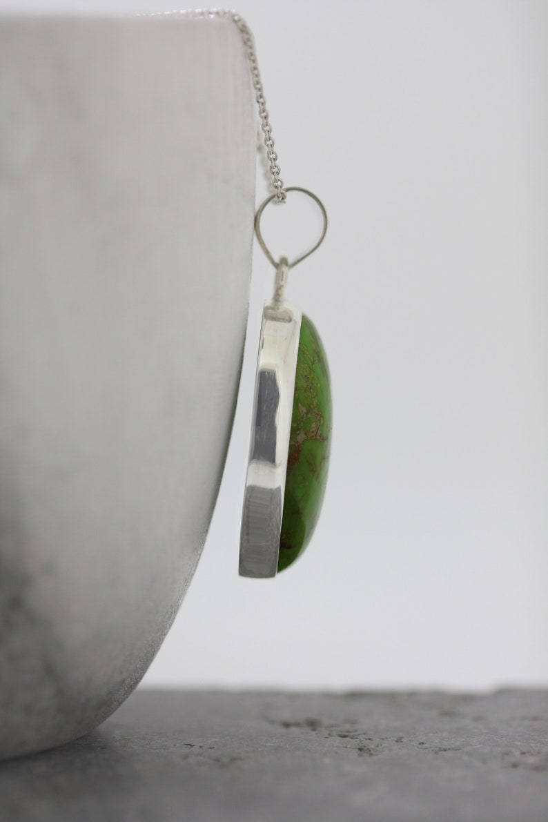 Bespoke Turquoise Pendant Large Oval Sterling Silver Natural Stone December Birthstone Trace Chain Real Turquoise Green Stone
