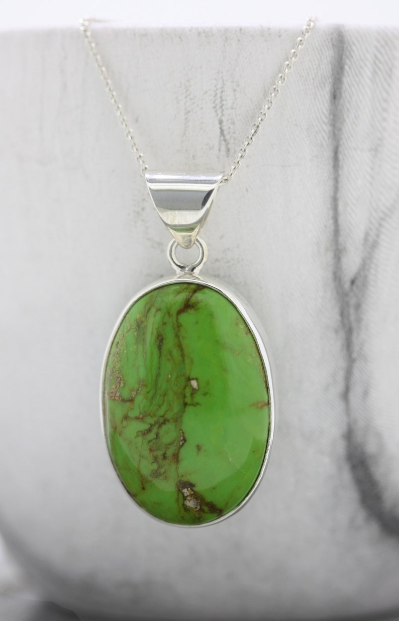 Bespoke Turquoise Pendant Large Oval Sterling Silver Natural Stone December Birthstone Trace Chain Real Turquoise Green Stone