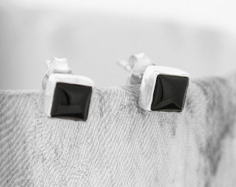 Square Onyx Studs / Onyx Earrings / Sterling Silver Onyx Studs / Black Onyx Studs / Black Onyx Earrings / Black Stone studs / Black Onyx