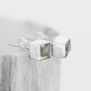 Square Blue Topaz Studs / Pale Blue Sparkly Earrings / Small Post and Butterfly / Sterling Silver / Little Tiny / Minimalist / Classic