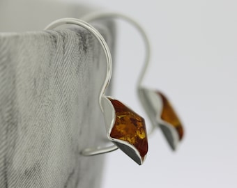 Diamond Cognac Amber Earrings / Simple Earring / Drop Earrings / Orange Amber Earrings / Baltic Amber / Safety Catch / Sterling Silver