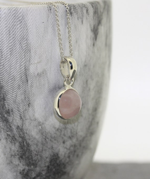 Rose Quartz Necklace Round Pendant Sterling - Pink Rose Quartz Pendant Rose Quartz Necklace Round Pendant Sterling - Pink Rose Quartz Pendant