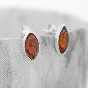 Amber Studs / Amber Eye-Shaped Studs / Amber Earrings / Baltic amber / Orange Amber Studs / Cognac Amber / Marquise Studs