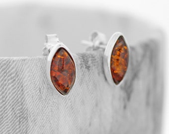 Amber Studs / Amber Eye-Shaped Studs / Amber Earrings / Baltic amber / Orange Amber Studs / Cognac Amber / Marquise Studs