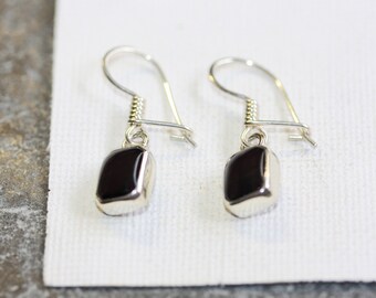 Boucles D'oreilles Argent Massif Et Onyx – Rectangulaires – Neuves