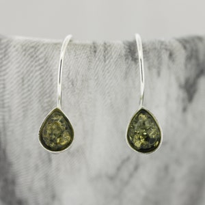 Teardrop Green Baltic Amber Earrings, Sterling Silver Hooks