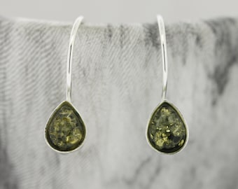 Boucles D'oreilles En Argent 925 Avec Ambre Vert Baltique - Bijou Femme Neuf Sans Emballage
