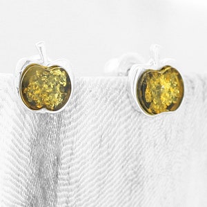 Small Apple Green Amber Studs /  Green Amber Apple / Small Stud Earrings / Sterling Silver /  Real Baltic Amber / Minimalist Jewellery