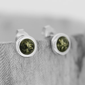Green Baltic Amber Studs: Sterling Silver Circle Earrings