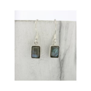 May include: A pair of silver dangle earrings with square-shaped labradorite gemstones. The earrings have a simple design and are a great addition to any jewelry collection.