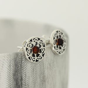 Amber Studs / Round Amber Studs / Amber Earring / Baltic Amber / Orange Amber Studs / Cognac Amber / filigree Round Amber Stud Earrings
