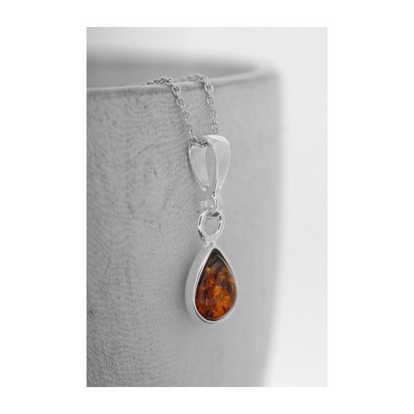 Amber Pendant / Teardrop Amber Necklace / Small Tear Shape / Sterling Silver / Real Amber / Trace Chain / Minimalist Jewellery /Orange amber