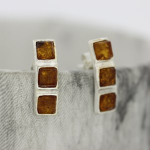 Cognac Amber Stud Earrings / Rectangle Amber Earrings / Brown Amber Earrings / Sterling Silver / Orange Earrings / Baltic Amber stud Earring