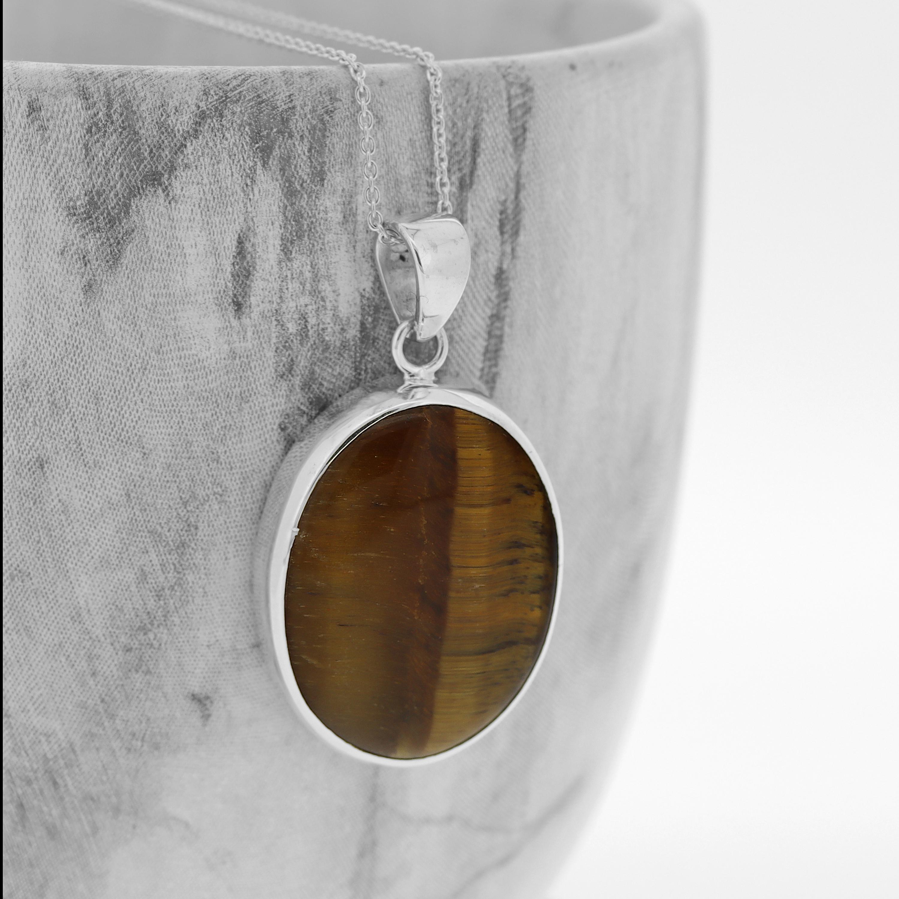 Collana Delicata In Argento 925 Con Pietra Occhio Di Tigre Ovale - Ciondolo Piccolo E Brillante, Catena 50 Cm, Regalo Per Lei