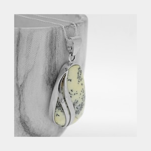 Dendritic Agate Pendant / Triangle Dendritic Agate Silver Necklace / Agate Necklace / Teardrop Agate / Black and White / Milky Agate /Branch