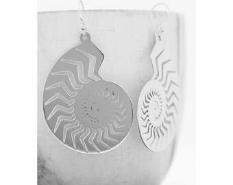 Sterling Silver Ammonite Earrings: Fossil Swirl Drop Earrings