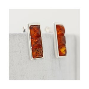 Cognac Amber Earrings / Rectangle Three Amber Stud Earrings / Amber Earrings / Sterling Silver  /Orange Earrings  /Baltic Amber Earrings