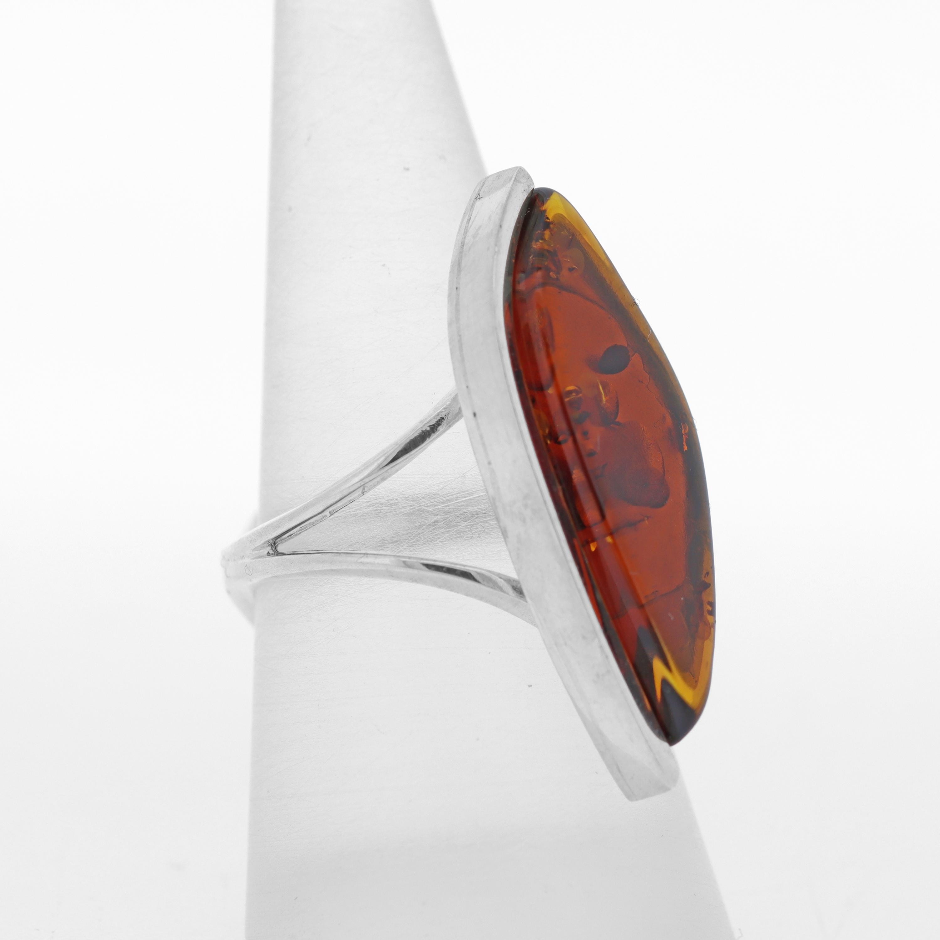 Marquise Cognac Baltic Amber Ring – 925 Sterling Silver, Genuine Amber Gemstone, Gift Boxed, Unbranded
