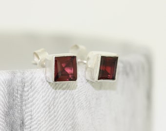 Square Garnet Stud Earrings – Sterling Silver Minimalist January Birthstone Jewellery