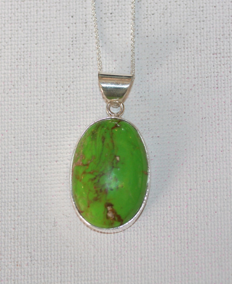 Bespoke Turquoise Pendant Large Oval Sterling Silver Natural Stone December Birthstone Trace Chain Real Turquoise Green Stone
