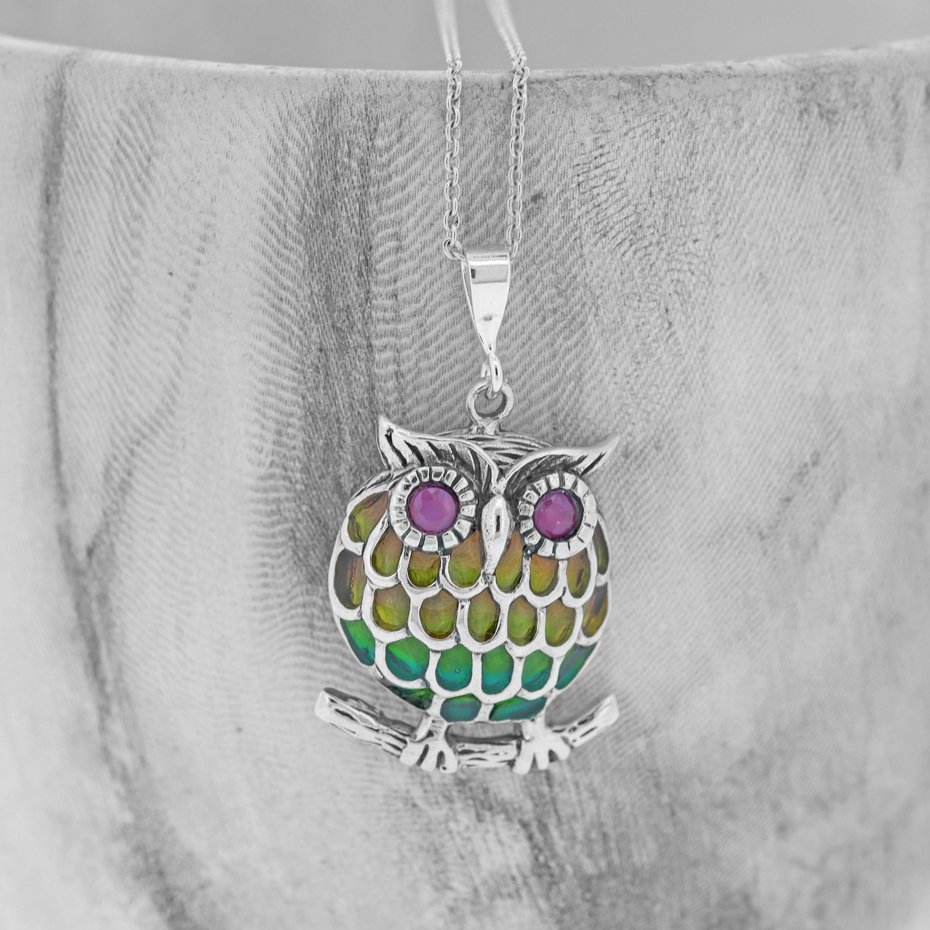 Enamel Owl Pendant, Sterling Silver Necklace with Ruby Eyes