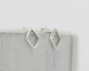 Sterling Silver Cut Out Diamond Studs / Small Diamond Stud Earrings / Diamond  Studs / Butterfly Back / Shiny Silver Diamond  shaped studs