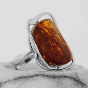 Cognac Amber Ring / Honey colour Amber Ring Size P  / Sterling Silver Amber Ring / Free Shaped Amber Ring / Baltic Amber Cabochon Ring