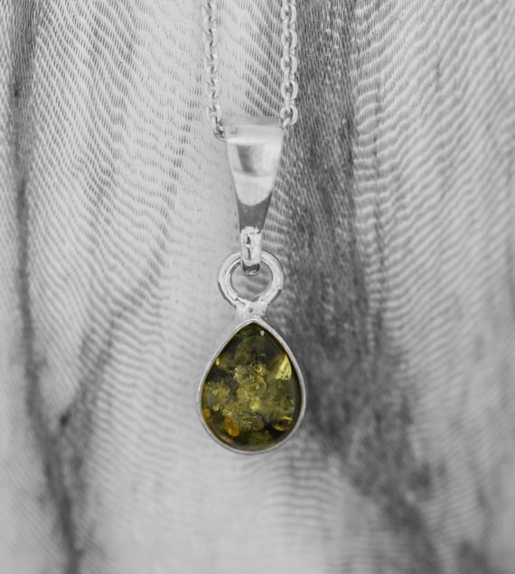 Green Baltic Amber Teardrop Pendant Necklace: Sterling Silver